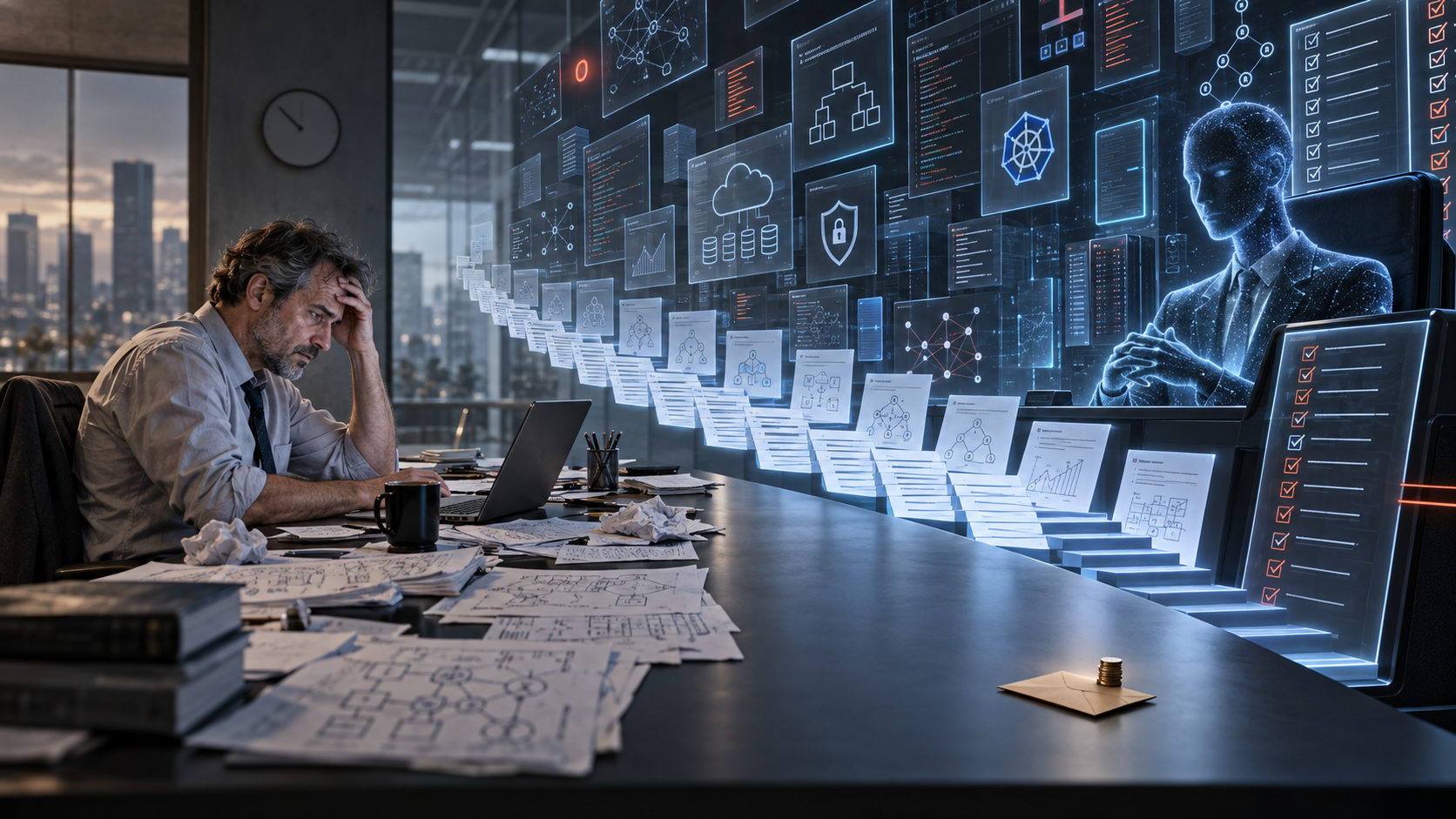 Engenheiro de software cansado à secretária diante de uma parede de ecrãs, testes e checklists gerados por inteligência artificial
